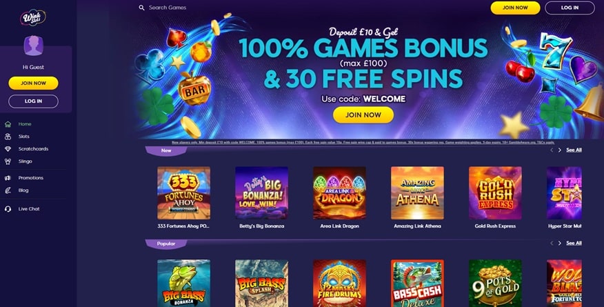 Wink Slots sister sites screenshot
