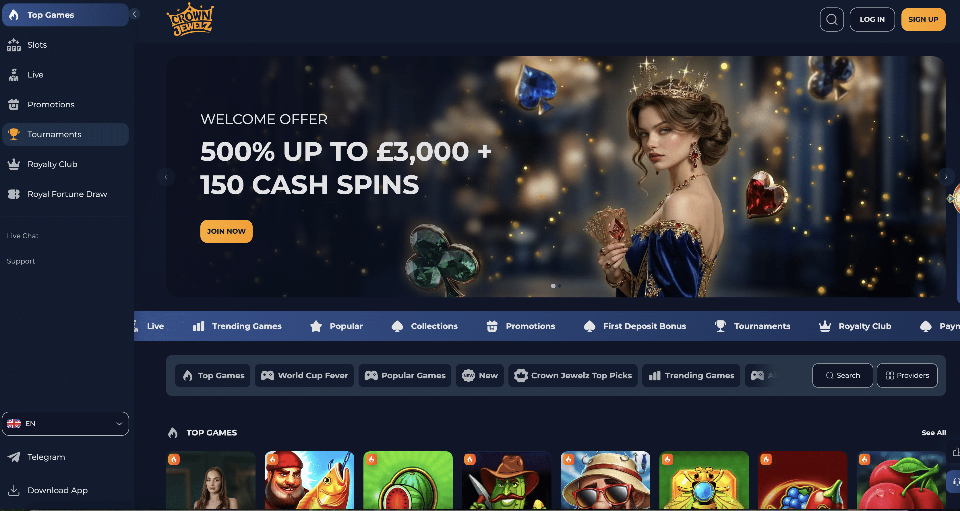 Crown Jewelz homepage screenshot showing the lobby categories and Royalty Club banner