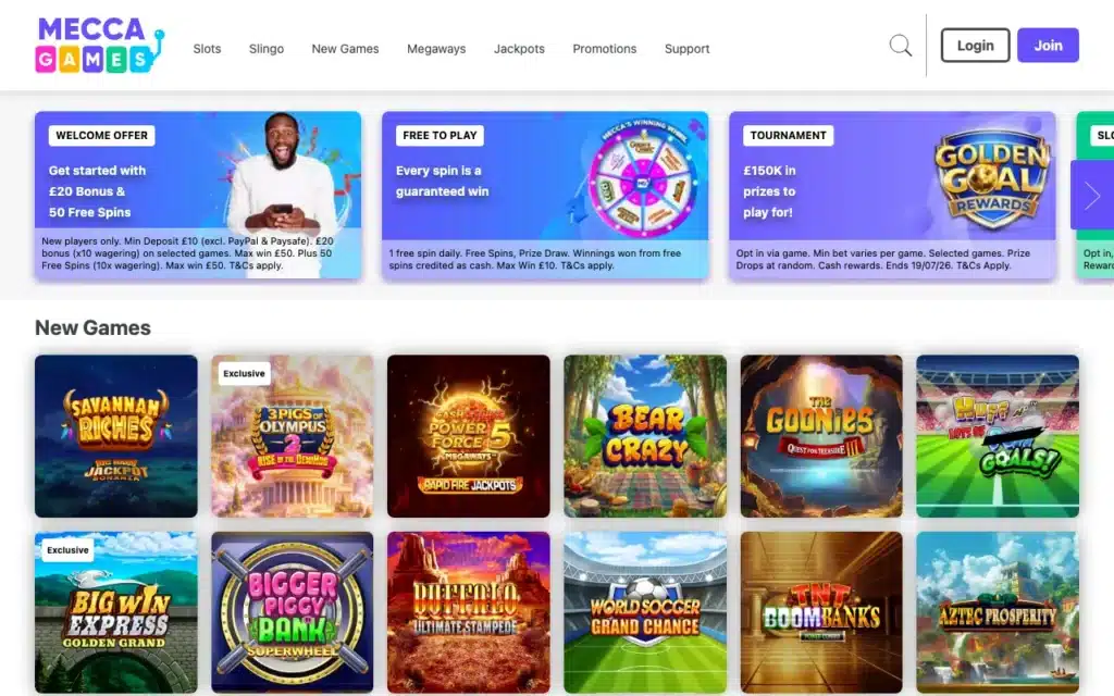 Mecca Games slots lobby on the website