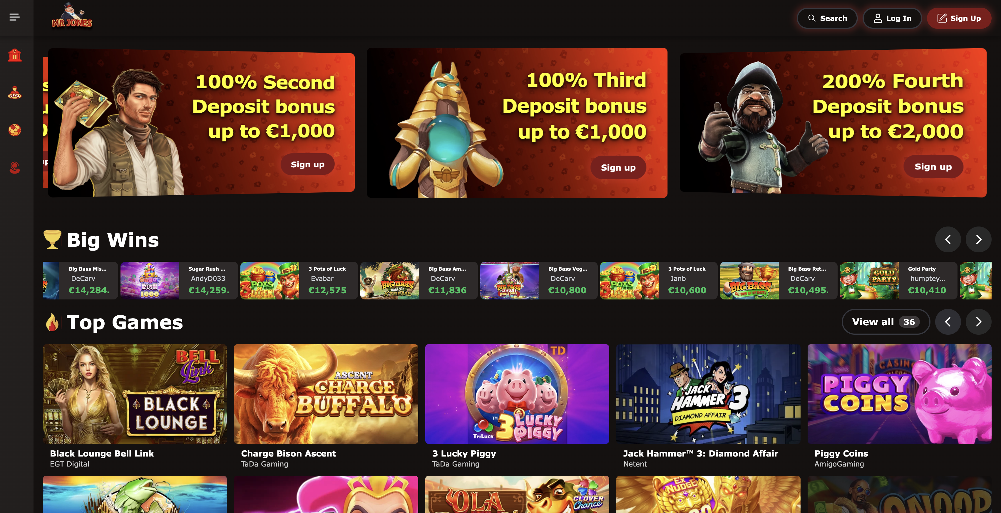 Mr Jones Casino homepage screenshot showing the bonus centre and slot lobby