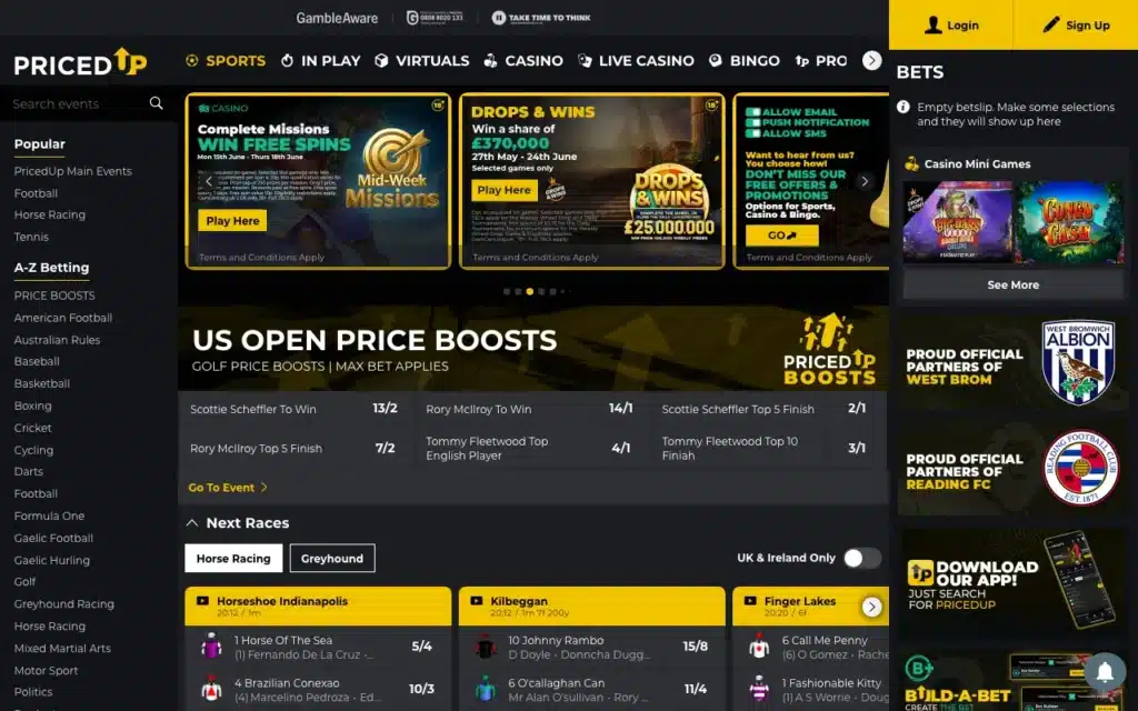 PricedUp sportsbook home page screenshot