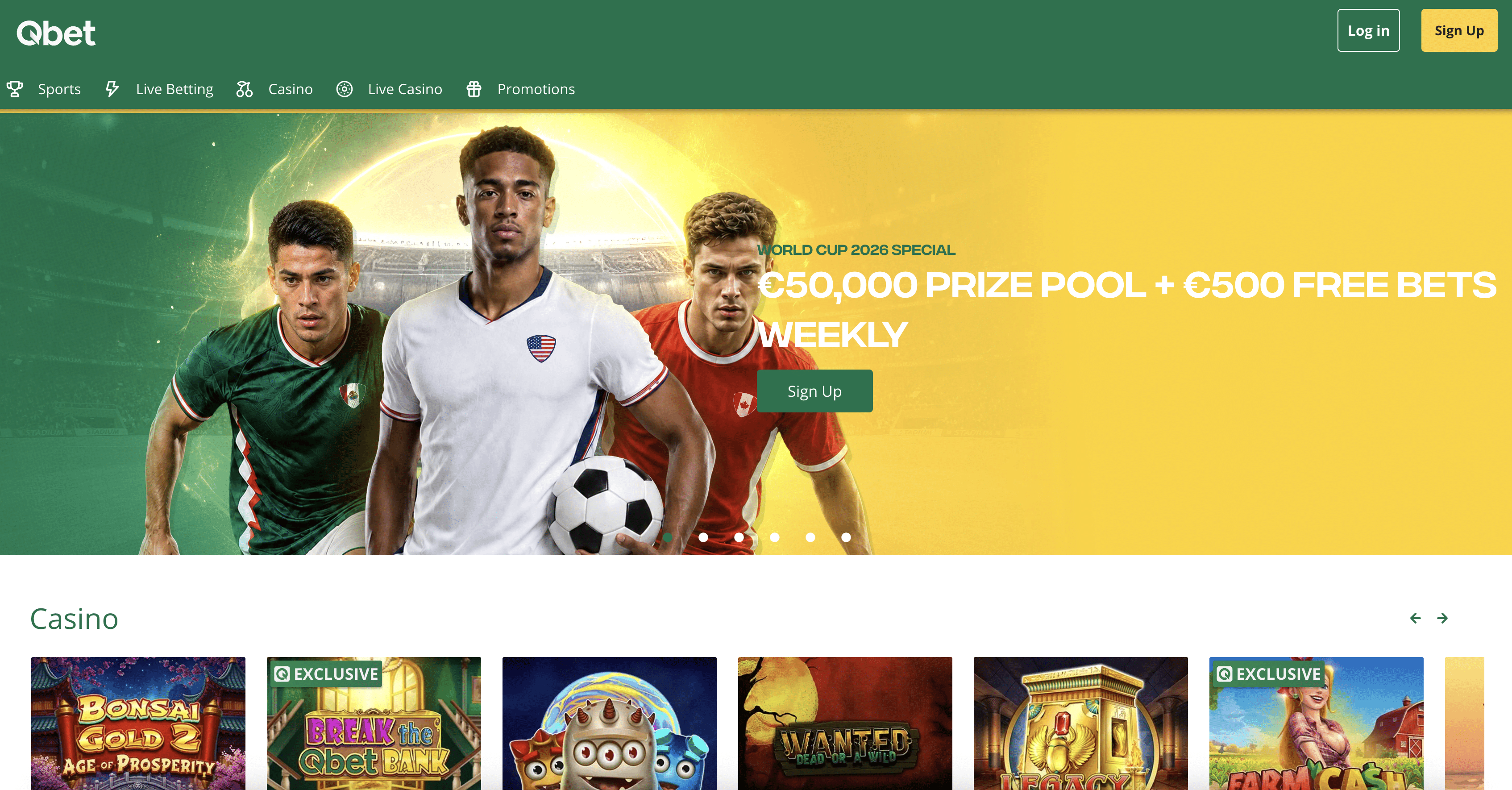 Qbet casino homepage screenshot showing the cashback banner and game lobby