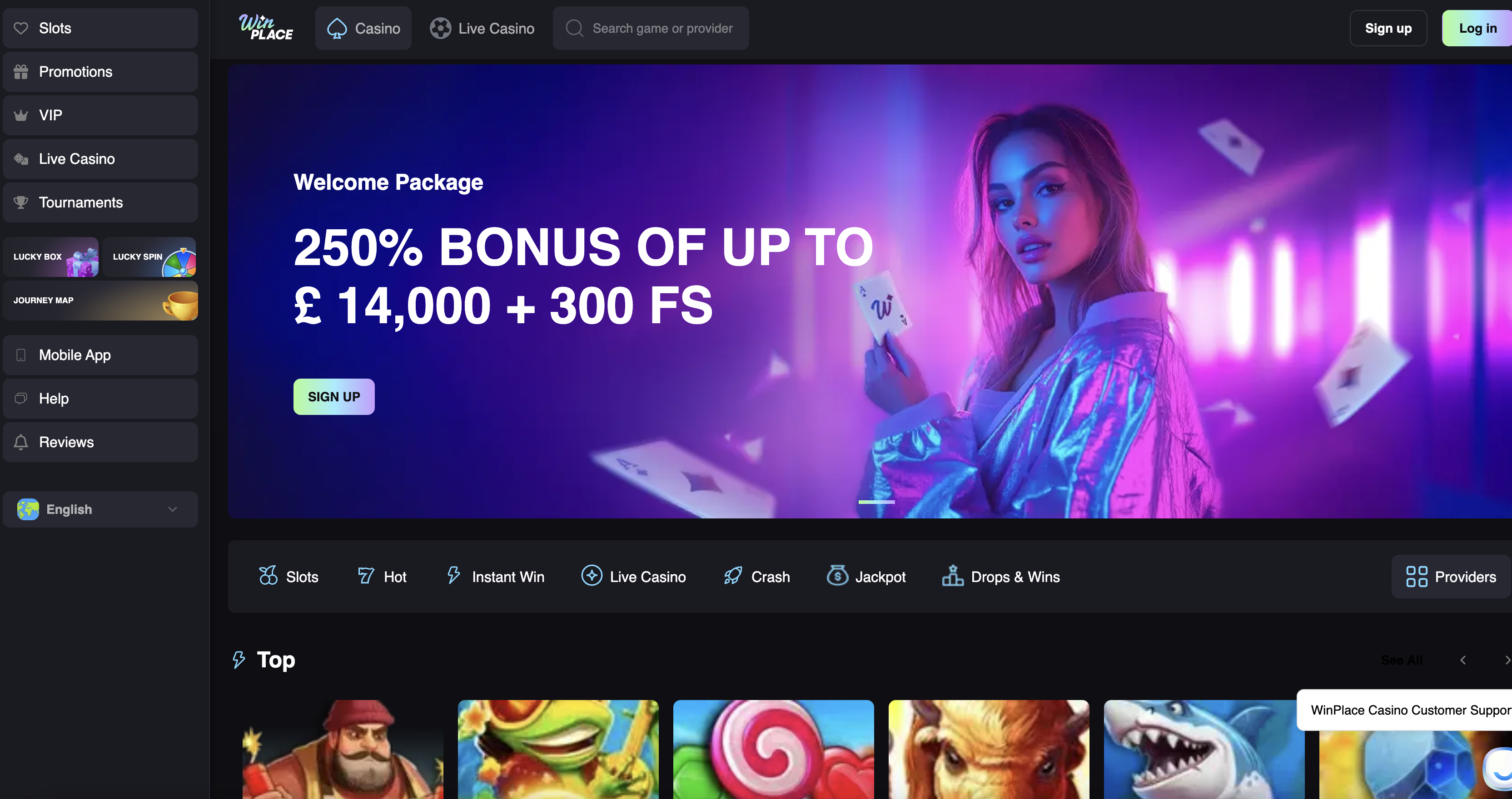 WinPlace casino homepage screenshot showing the welcome package banner and slot lobby