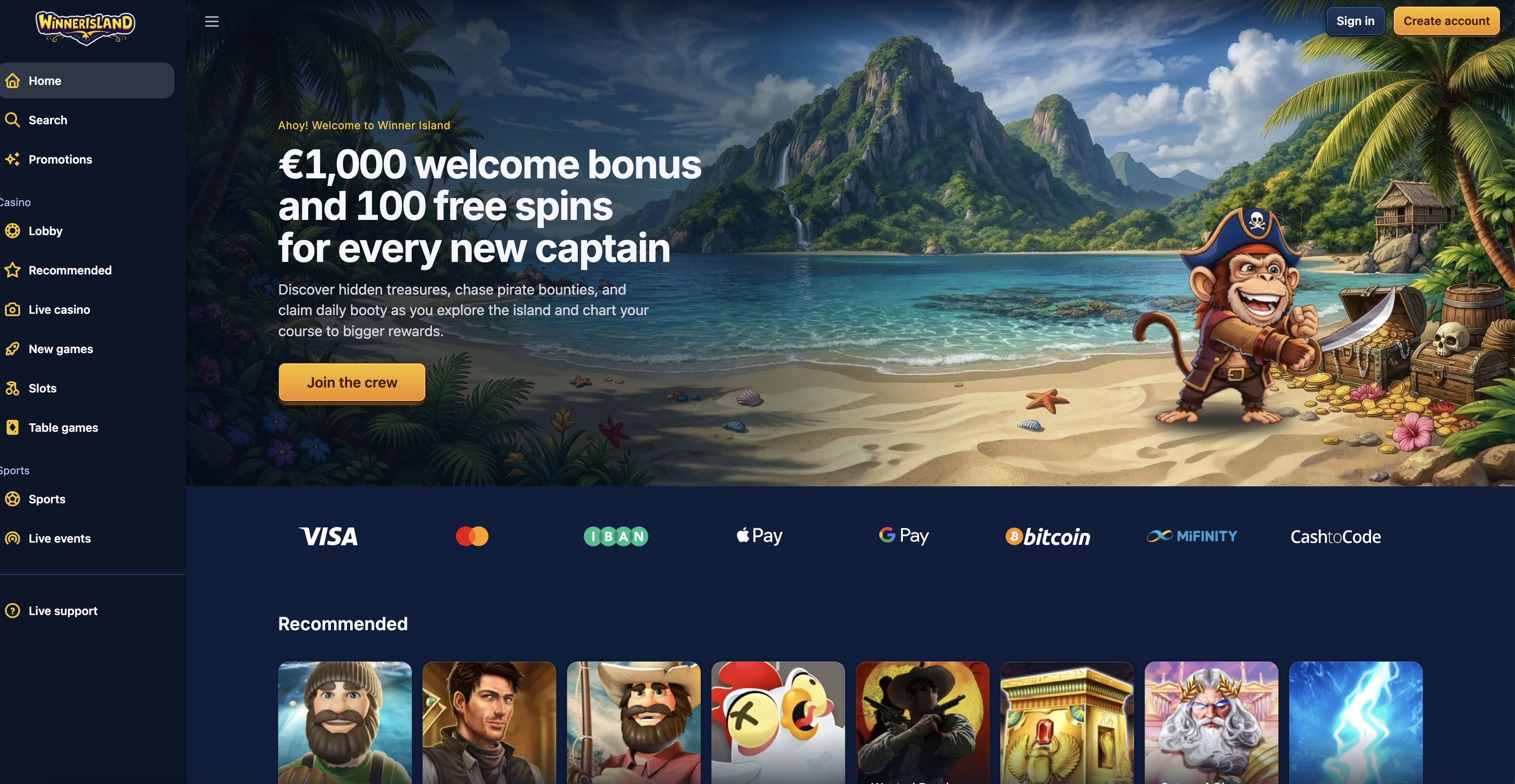 Winner Island casino homepage, June 2026