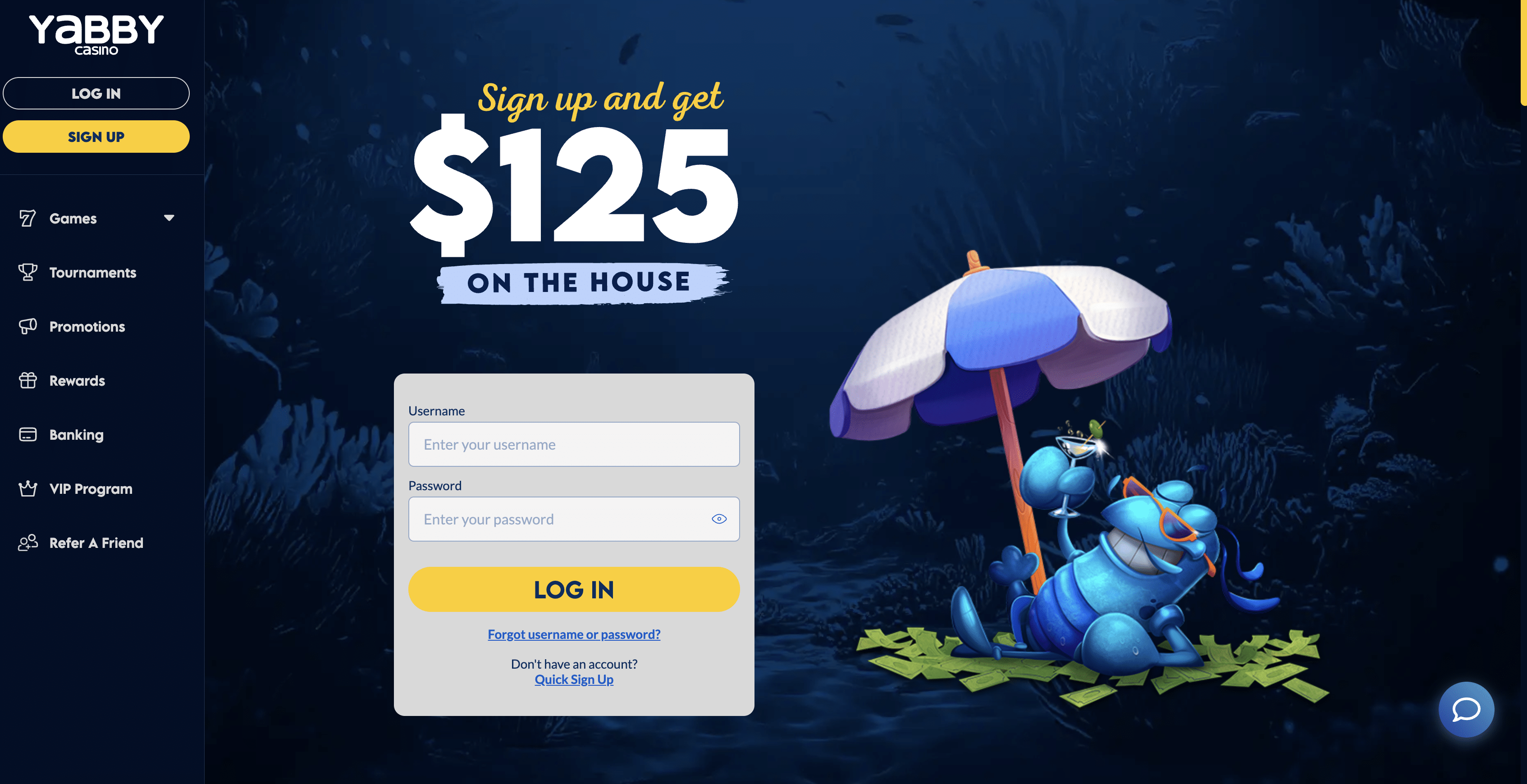 Yabby Casino homepage screenshot with the crayfish mascot and welcome offers